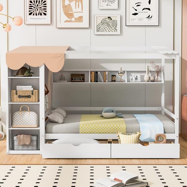 slide 2 of 73, House Bed with Two Drawers and Wardrobe White - Full
