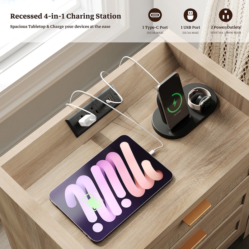 SICOTAS Farmhouse Set of 2 Nightstand with Charging Station and Drawers