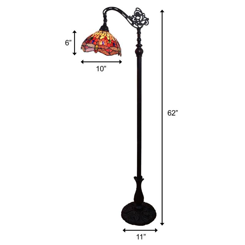 Black and Red Metal Torchiere Floor Lamp with Stained Glass Dome Shade - 10” x 10” x 61” (D x W x H)