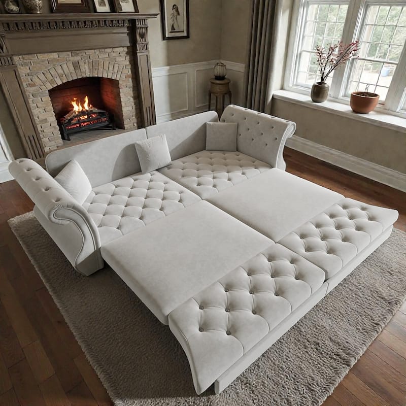 97.6 Inch Chesterfield Pull Out Sofa Bed, Velvet Roll Arm Couch with Flower Tufting, Convertible Sleeper