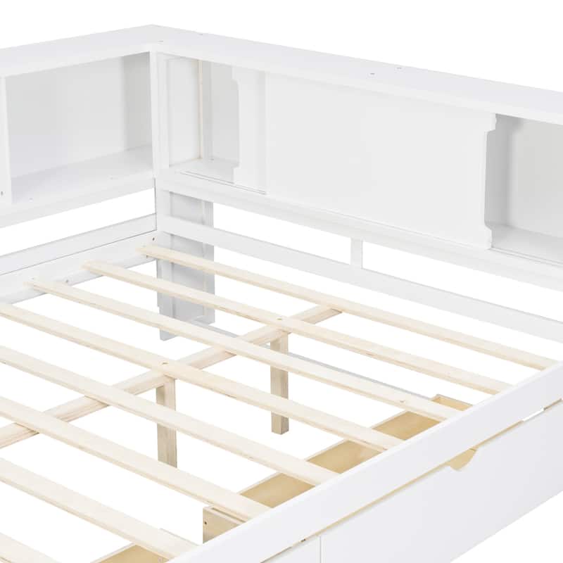 Queen Size Wood Daybed with LED Storage Shelves, USB Ports, and 2 Drawers by Harper&Bright Designs