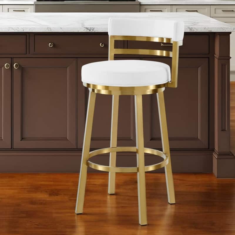 HomeRoots 26" White and Gold Faux Leather and Stainless Steel Low Back Counter Height Swivel Bar Chair - Counter Height - Single - White