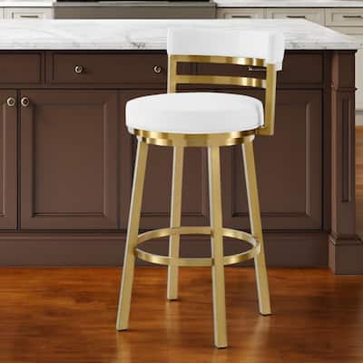 HomeRoots 26" White and Gold Faux Leather and Stainless Steel Low Back Counter Height Swivel Bar Chair
