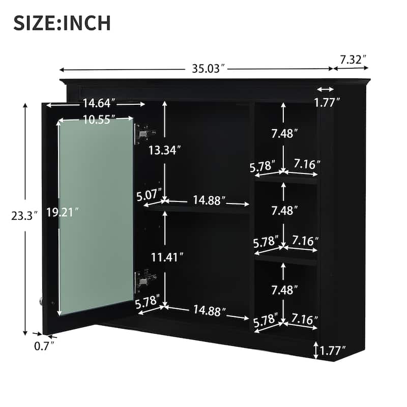 Roomfitters 35"x27.5" Medicine Cabinet, Wall Mounted Mirror Cabinet with 6 Open Shelves, Bathroom Storage Organizer, Black