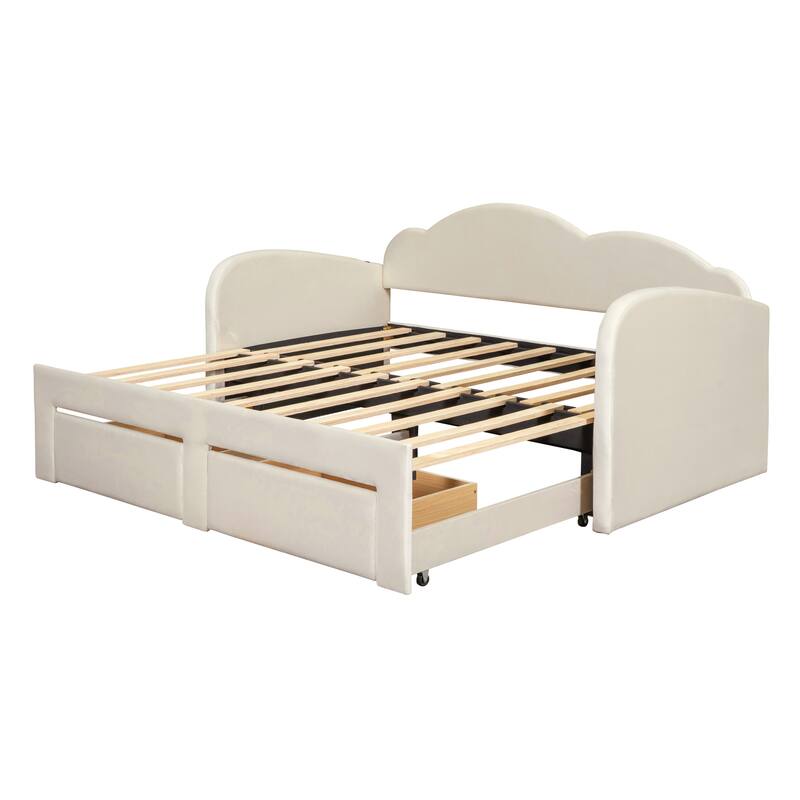 Cloud-Shaped Backrest Daybed, Twin To King Extendable Sofabed, Velvet Upholstered Platform Bed Frame with 2 Arc Armrests