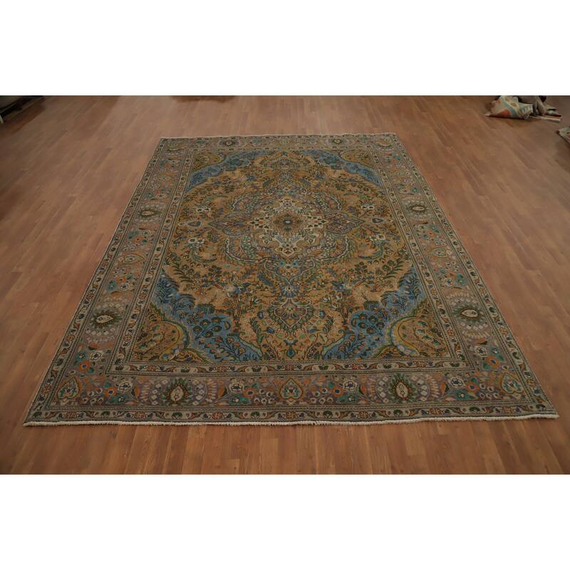 Hand Knotted Oriental 100% Wool Carpet Traditional Floral Brown Tabriz Area Rug - 11' 1'' X 8' 5''