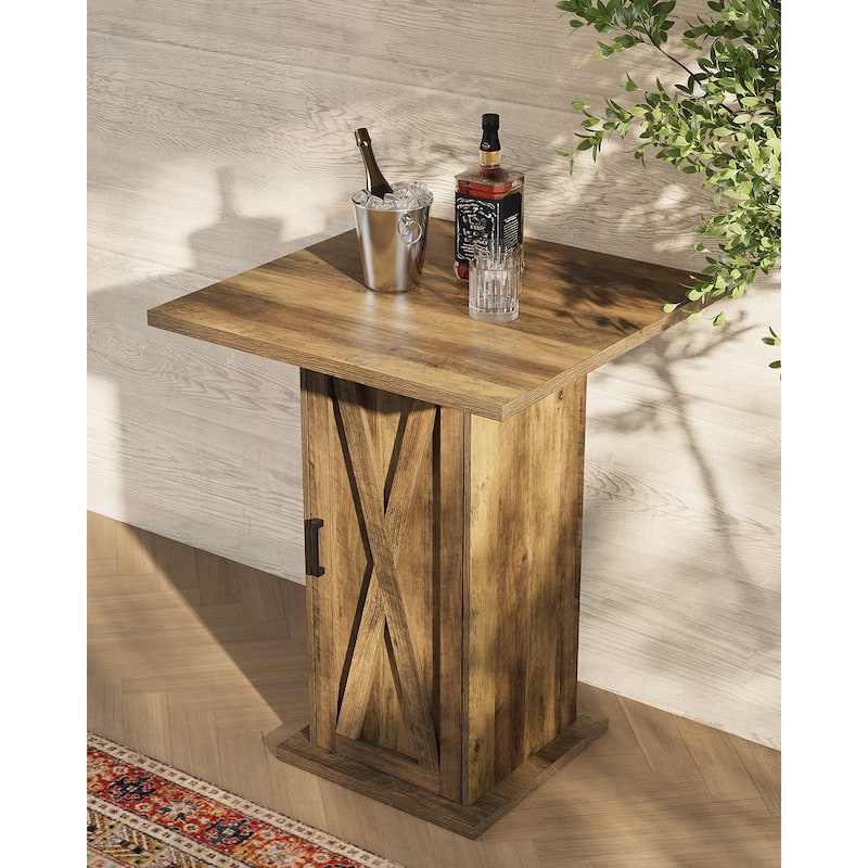 Square Bar Table with Storage, 39.4" Bar High Pub Dining Table with Barn Door - Rustic Brown 