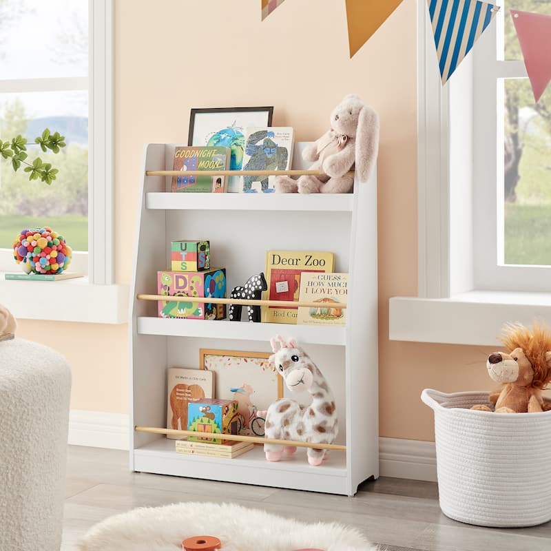 Danya B. Steiner White 3-Tier Kids Book or Magazine Storage Freestanding Bookcase with Contrasting Wood-Toned Rods