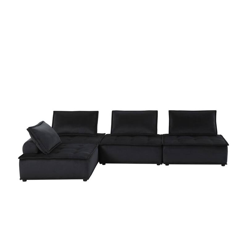 Alaya 120 Inch 3 Piece Modular Sofa, Tufted Soft Black Velvet