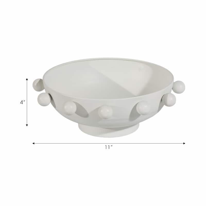 Decorative Round Metal Bowl with Beaded Rim - Home Decor - 11", White - 11.0"