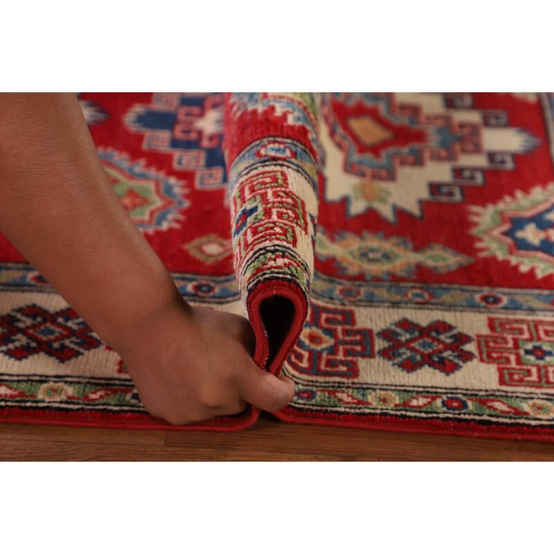 Geometric Kazak Oriental Accent Rug Handmade Red Wool Carpet - 3'3"x 5'0"