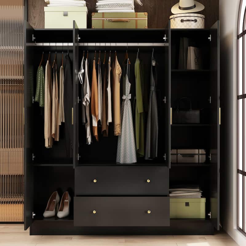 Wardrobe Armoire Wooden Closet with Mirror Storage Cubes Hanging Rod
