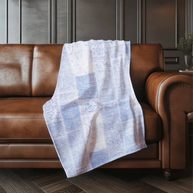 Premium Machine Washable Vintage Patchwork Sherpa Throw Blanket - Sky - 4'2" x 5'10"