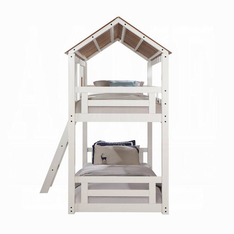 Nara Twin Size Bunk Bed, House Design with Ladder, White Rustic Wood