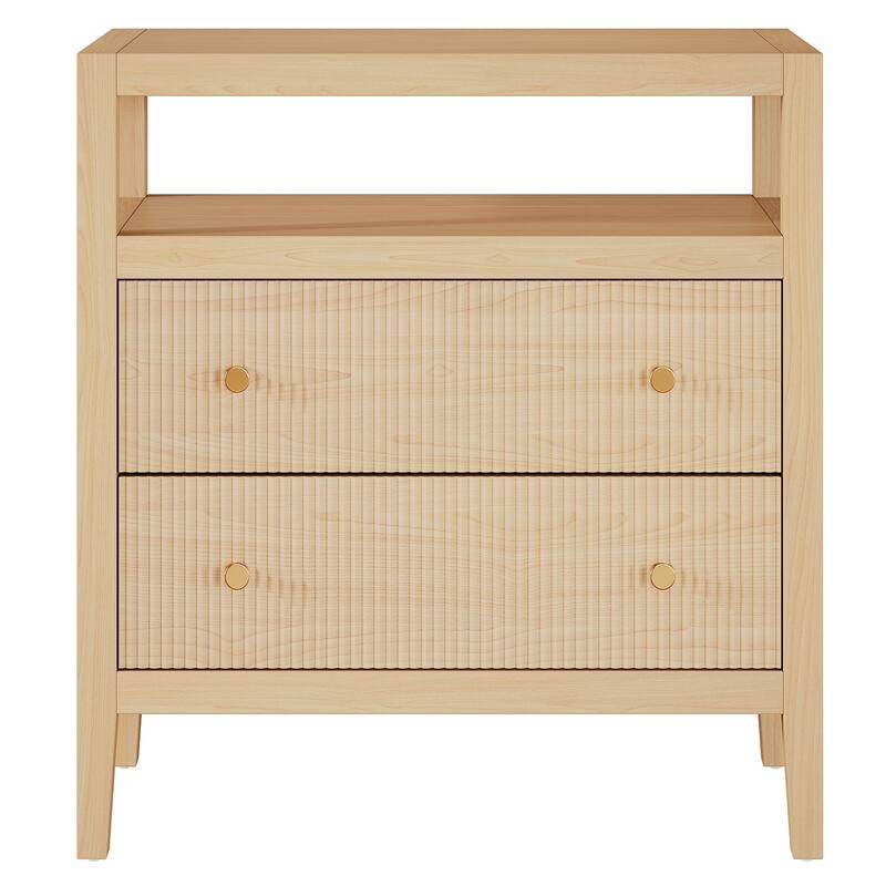 2-Drawer Farmhouse Nightstand, Nightstand with Open Storage Shelf