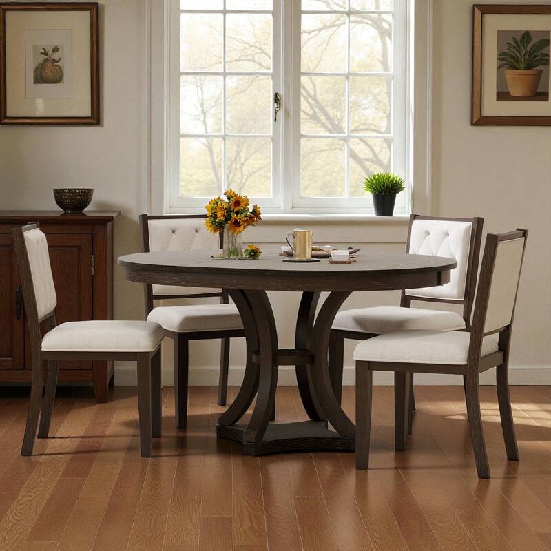5-Piece Retro Extendable Round Dining Table Set, 42"-58" Wood Table with 4 Upholstered Chairs for Dining Room - Espresso