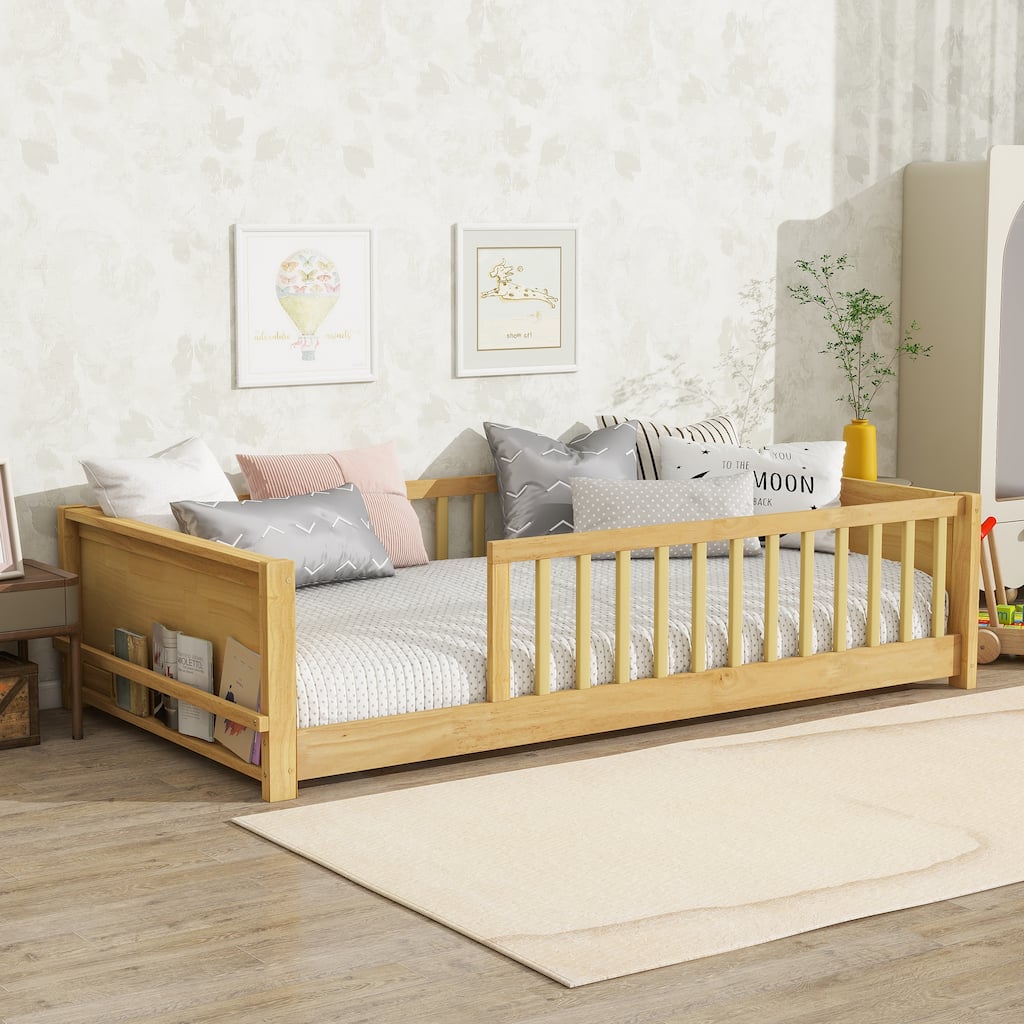 Twin Floor Bed with Built-in Bookcase Rubber Wood Low Profile Platform Bed