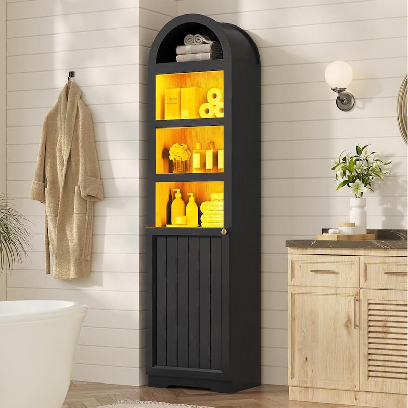 Tall Arched Cabinet Bookcase Storage Bookshelf Door Bathroom Storage Cabinet - 72" - Black