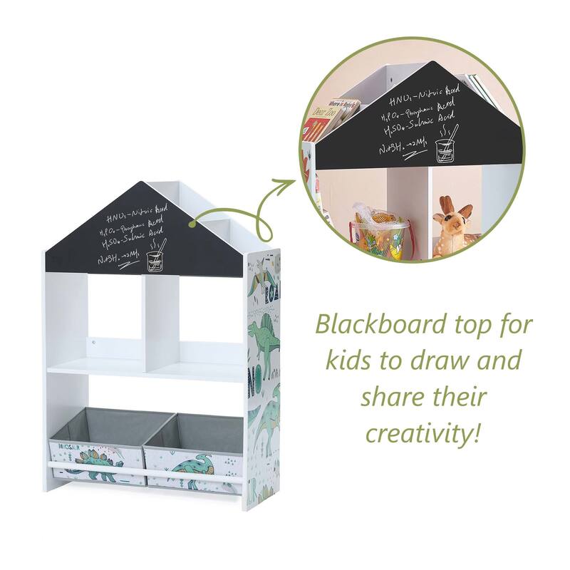 Children's Multi-Functional House Bookcase Toy Storage Bin Floor Cabinet with Blackboard