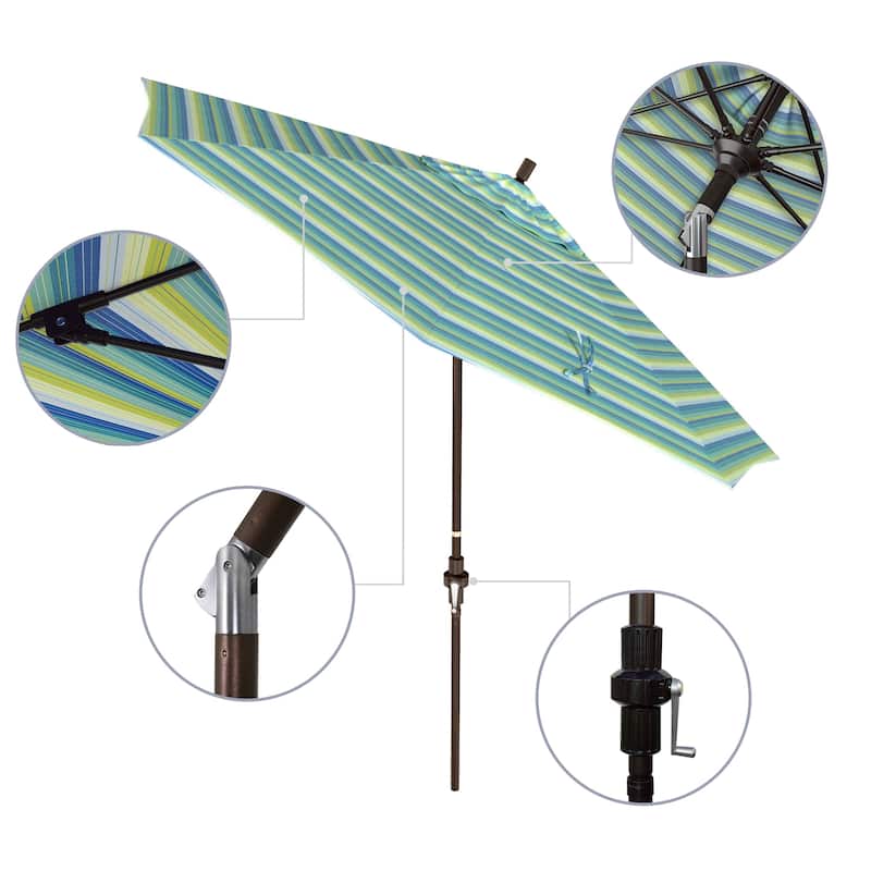 California Umbrella 9' Rd Patio Umbrella Bronze Aluminum Frame Fiberglass Ribs Crank Lift Collar Tilt Sunbrella - Seville Seaside