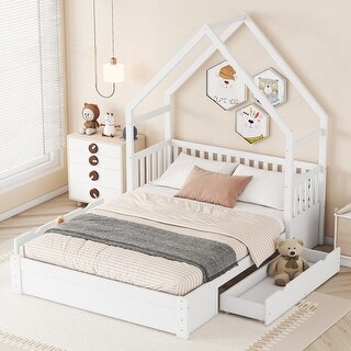 Queen Size Wood House Platform Bed with Guardrail and 2-Drawers, White - Sturdy Pine Frame with Rustic Window and Fence