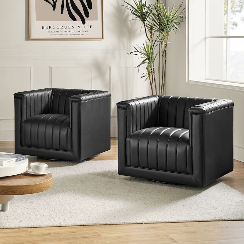 Esteban Modern Leather Upholstered Swivel Barrel Chair Set of 2 by HULALA HOME - Black