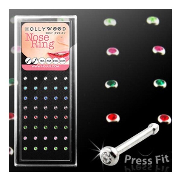 40pc Surgical Steel 18 Gauge Nose Stud with Press Fit 2mm Colored Pre-Loaded Gem
