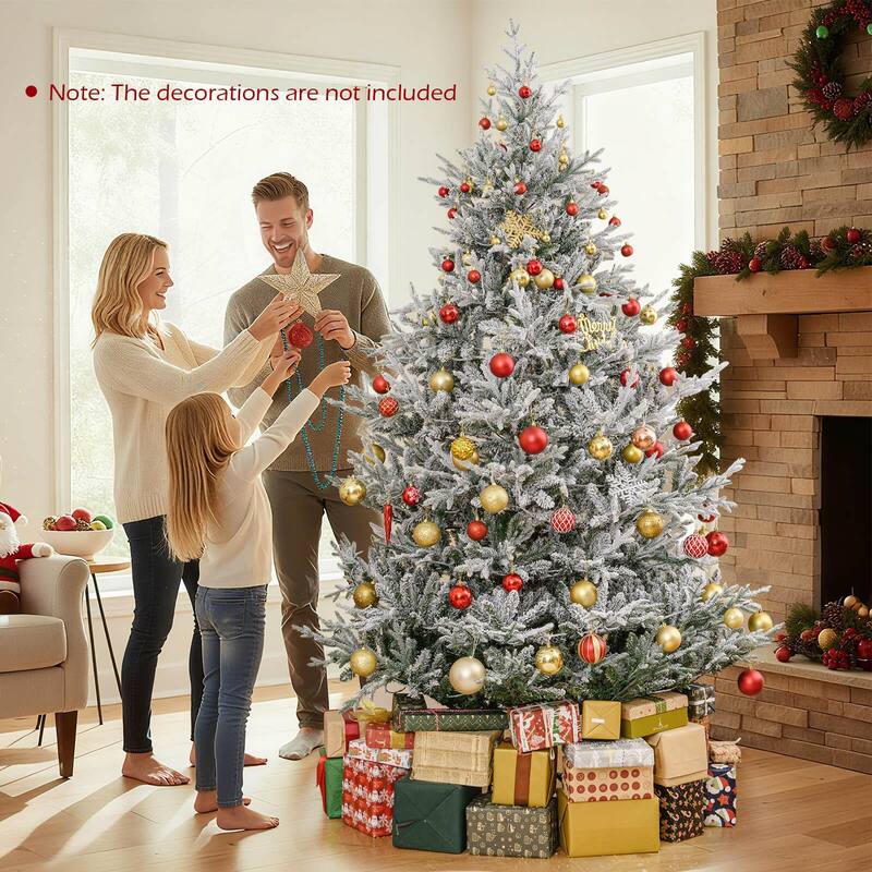 Costway 6/7/8 FT Artificial Christmas Tree with 762/1074/1470 Flocked - See Details - White & Green