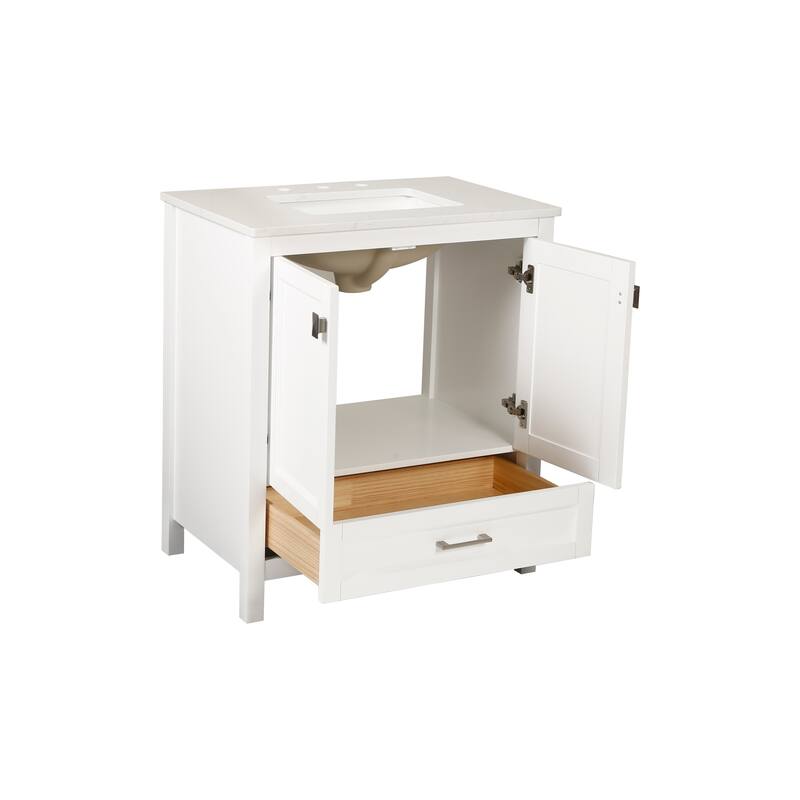 30" Bathroom Vanity with Sink Combo, Fully Assembled Bathroom Sink Cabinet with Marble Countertop, White