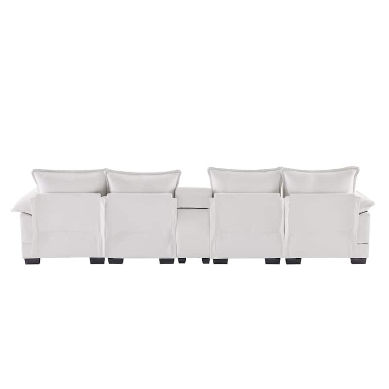 White 123*55" U-shaped Modular Sleeper Sofa with USB Ports and Console