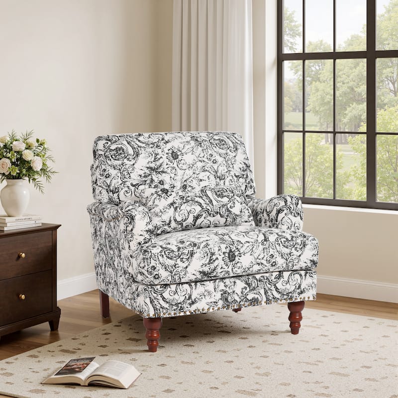 Mid Century Chenille Upholstered Accent Chair with Nailhead Trim - Rococo Black - Chenille