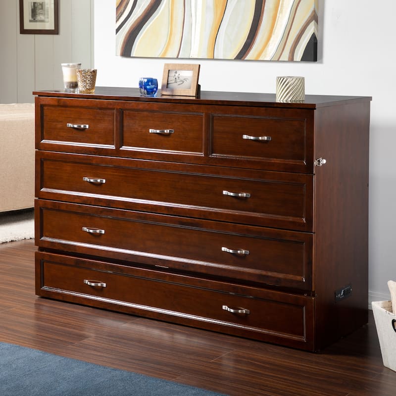 Deerfield Queen Murphy Bed Chest with 6" Mattress, Storage Drawer & Built-In Charger in Walnut