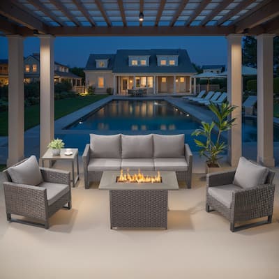 Outdoor Sofa Chairs with Fire Table Brwon-Grey - Brown