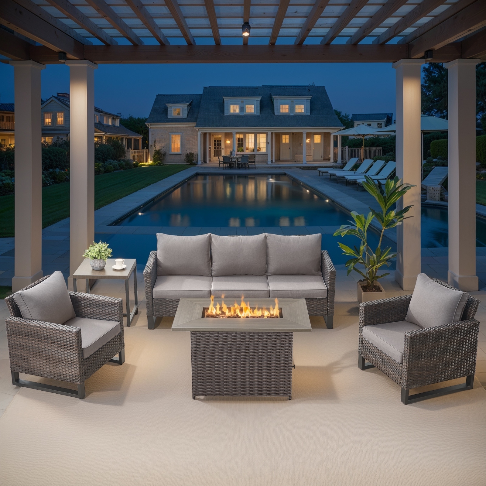 Outdoor Sofa Chairs with Fire Table Brwon-Grey - Brown