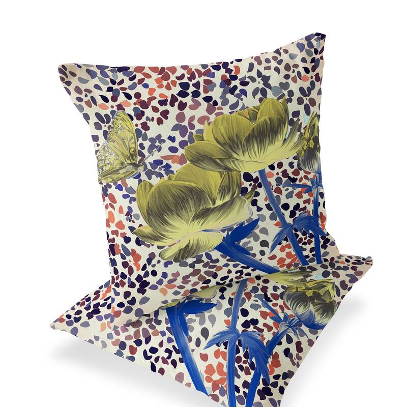 HomeRoots Set of Two 16" X 16" Blue and Yellow Butterfly Blown Seam Floral Indoor Outdoor Throw Pillow