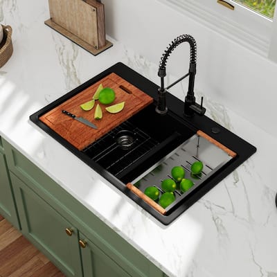 Lordear 33" Kitchen Sink Double Bowl Drop In Workstation Low Divider Quartz Composite Sink - 22 in.W x 33 in.D x 9.65 in.H