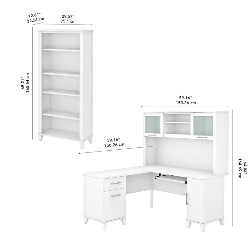Somerset 60W L Shaped Desk with Hutch and 5 Shelf Bookcase in Ash Gray