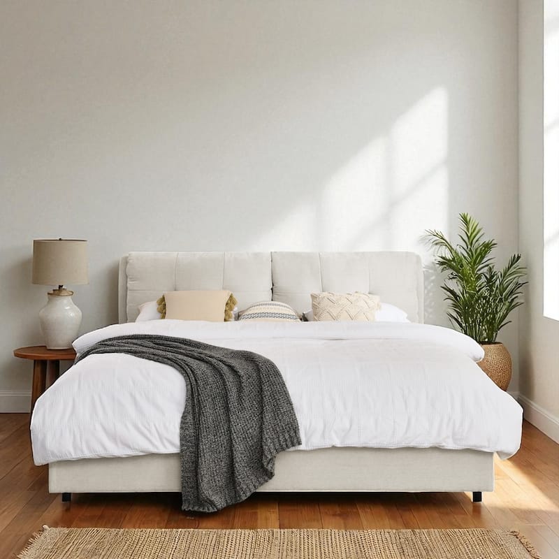Queen/King Size Upholstered Hydraulic Storage Platform Bed with Chenille Fabric and Integrated Headboard - Beige - King