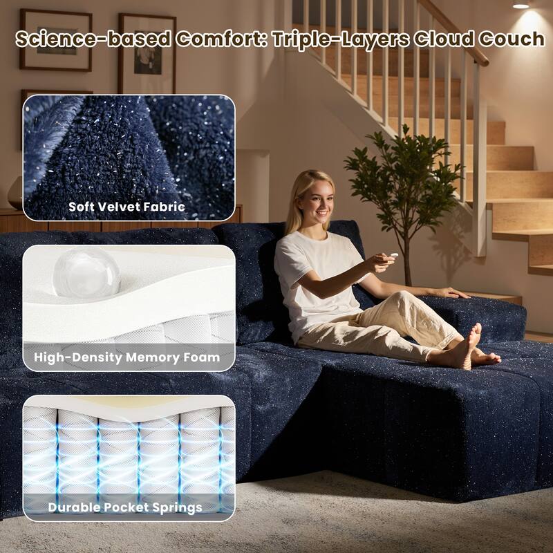 HOOOWOOO Modern Sparkly Velvet Fabric Chaise Sofa Couch