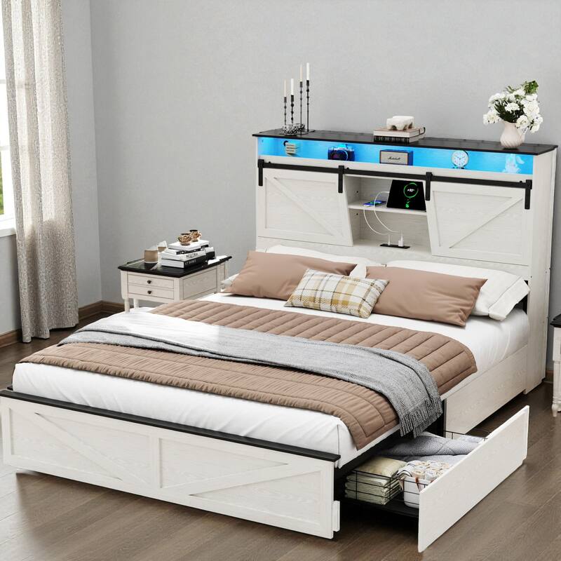 Farmhouse Full/Queen Bed Frame with Storage Headboard, Drawers, Charging Station and RGB LED Lights, MDF and Steel Platform Bed