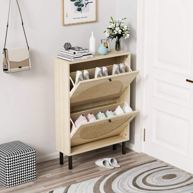 Natural Rattan 2-door Shoe Cabinet Shoe Organizer