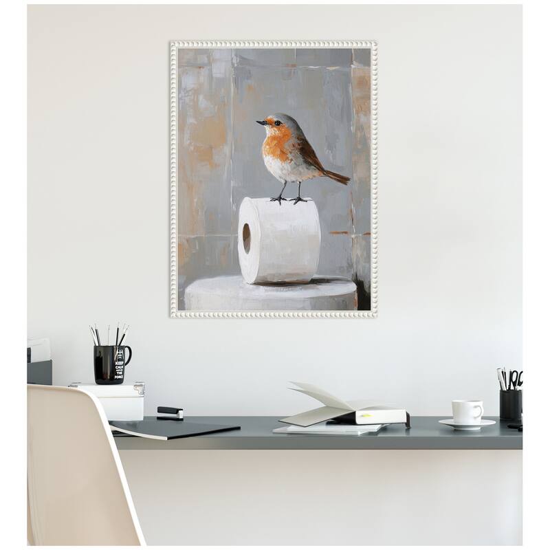 Kate and Laurel Sylvie Bird Standing on Toilet Paper Roll Toilet Bathroom Art Framed Canvas by The Creative Bunch Studio