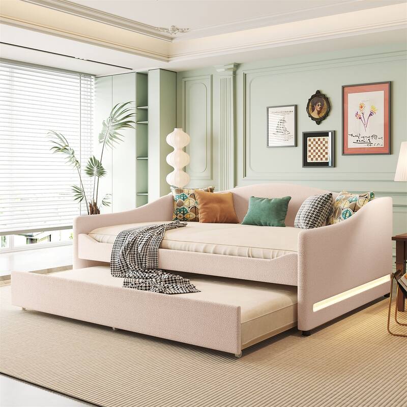 Teddy Fleece Full Size Upholstered Daybed with Light and Trundle - Beige