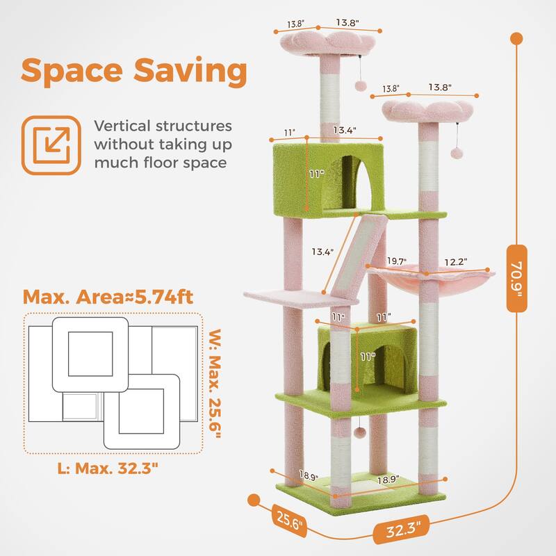 Multi-Level Indoor Large Cat Tree Scratching Post with 2 Perches, 2 Condos, Hammock and 2 Pompoms