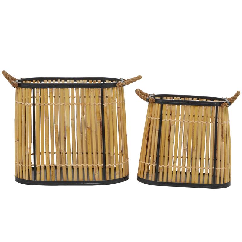 Wicker Wood Handmade Slatted Frame Storage Basket with Handles - Set of 2 Brown - Roche River Decor - 8"W x 16"L x 14"H