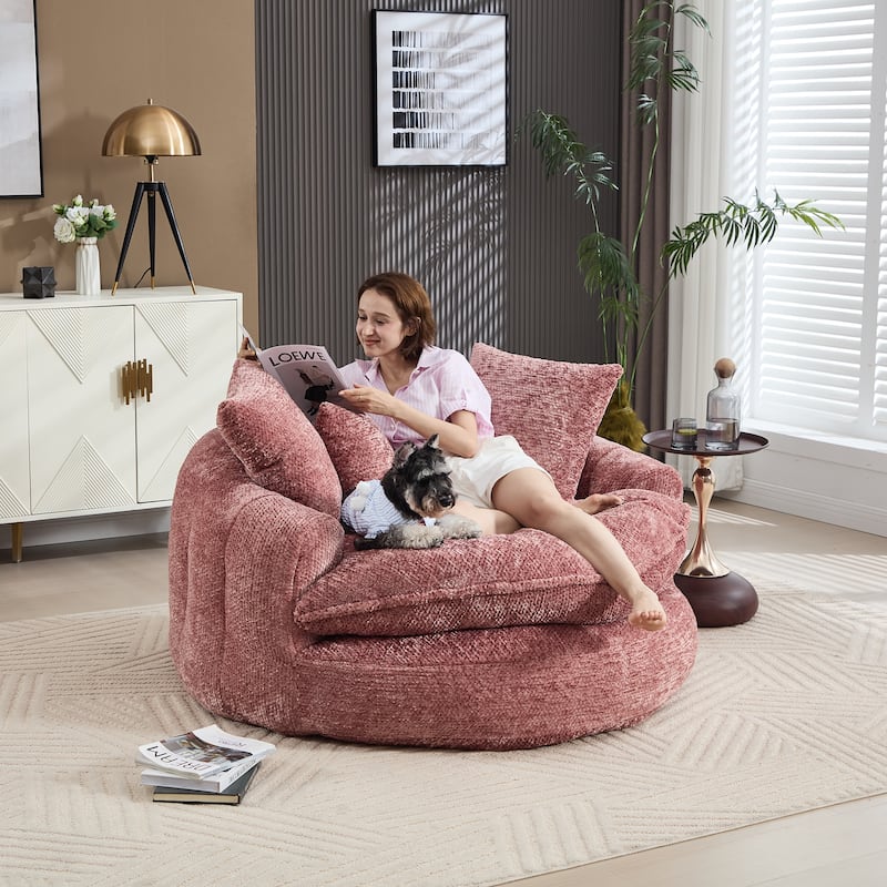 55" Modern Long Polyester Foam Round Bean Bag Sofa Chair with Pillows - Pink