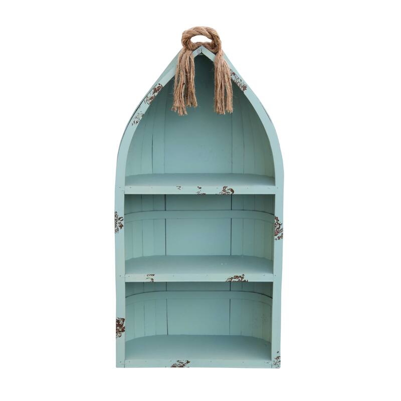 HomeRoots 34" Aqua Blue Wood Canoe Hanging Shelf - 34.25" x 16" x 7"