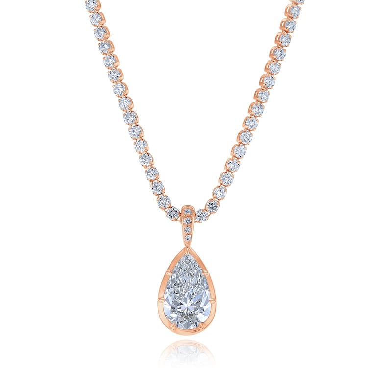 Kobelli 7.75 Carats Pear Diamond 14k Solid Gold Luxury Vivi Tennis Necklace (Certified, EF/VS) - White Diamond - Rose