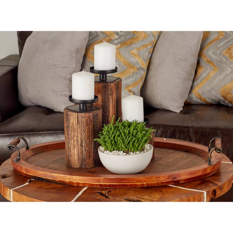 Brown Wood Large Oval Living Room Decor Tray with Scroll Metal Handles