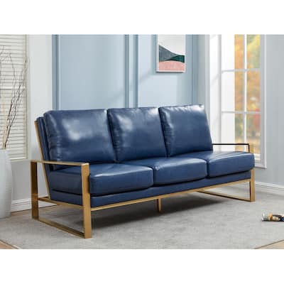 Jefferson Modern Leather Upholstered 3 Seater Loveseat Sofa Chair in Brushed Gold Steel Base with Armrest Removable Cushion